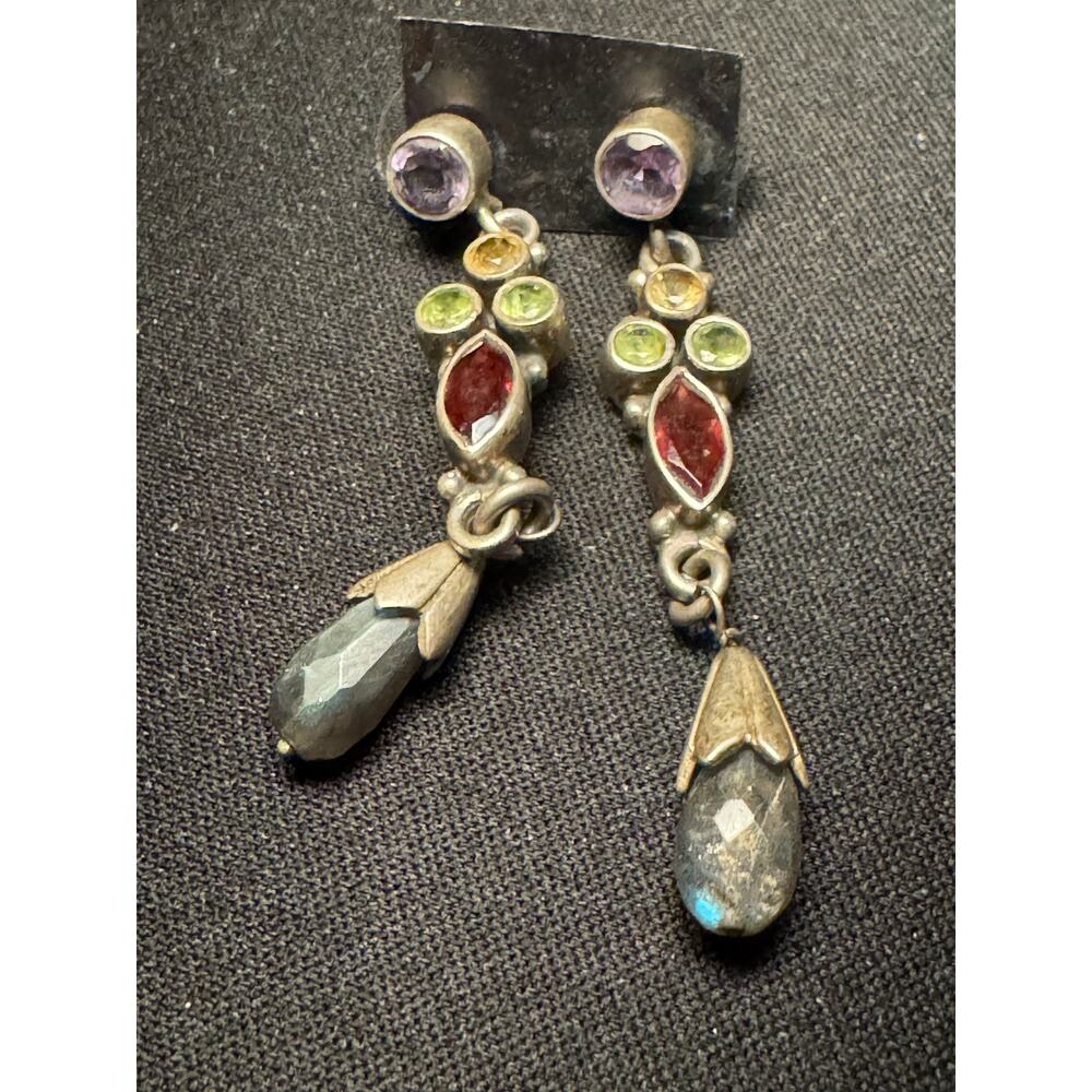 Vintage 925 Silver Multi Gemstone Dangle Drop Earrings